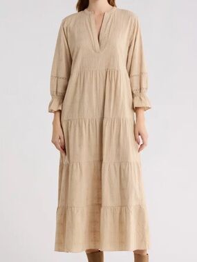 Area Stars Tiered V-Neck Maxi Dress in Beige    boho